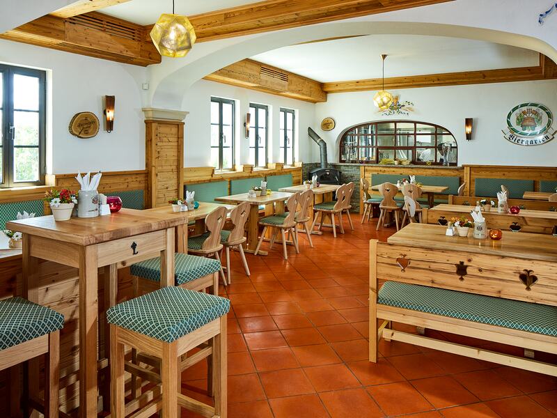 Biergarten restaurant interior.
