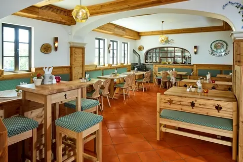 Biergarten restaurant interior.